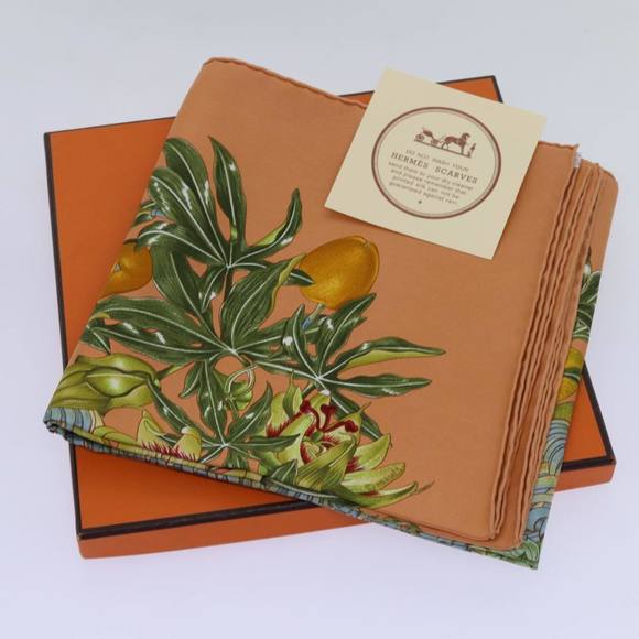 HERMES Carre 90 PASSIFLORES Scarf Silk Orange Auth am5974 - Picture 12 of 16